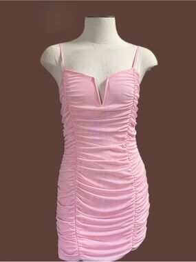 Pink Ruched Spaghetti-Strap Mini Dress with V-Notch